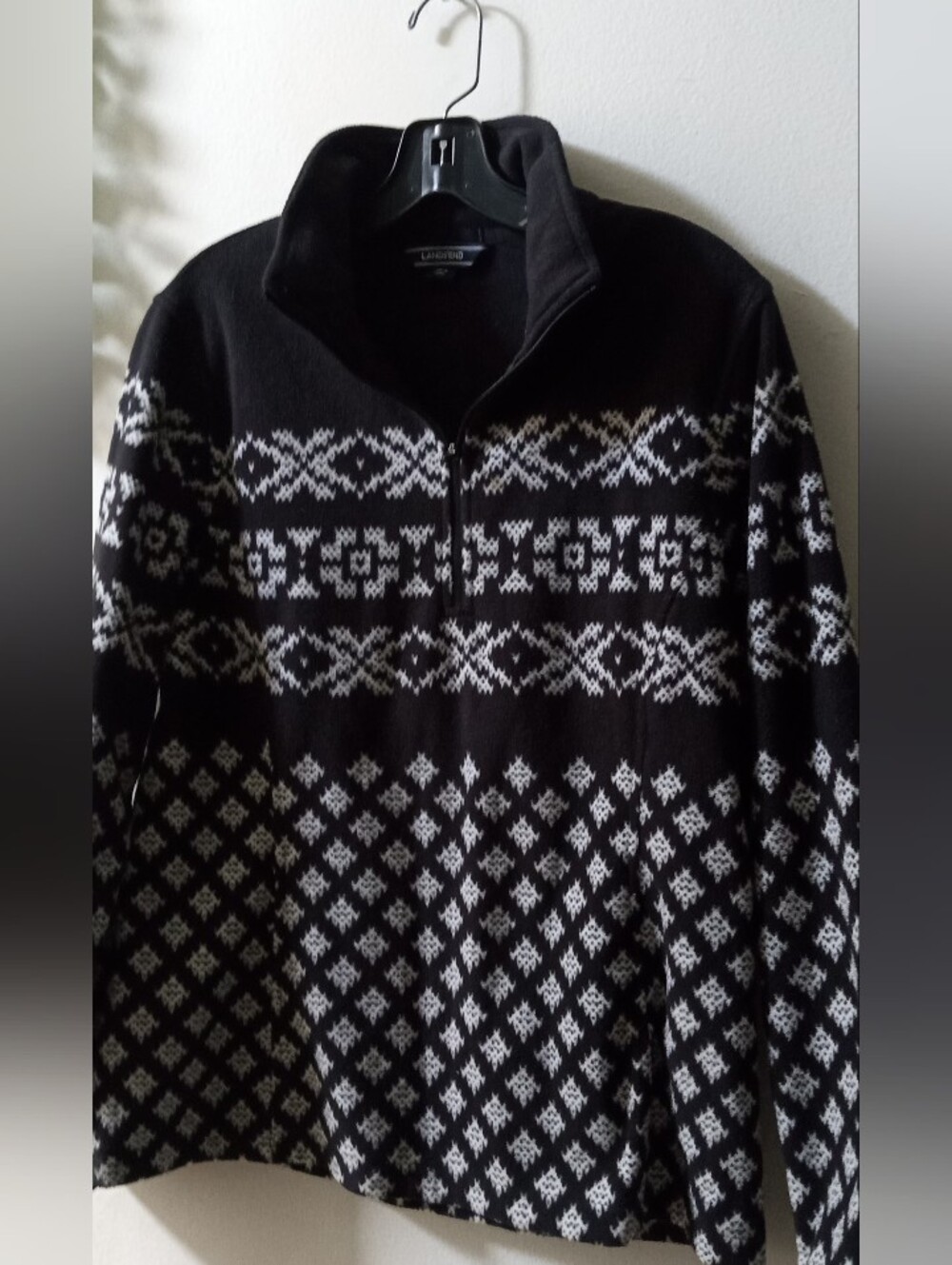 Lands' End Black and White Fair Isle Zip Fleece Pullover